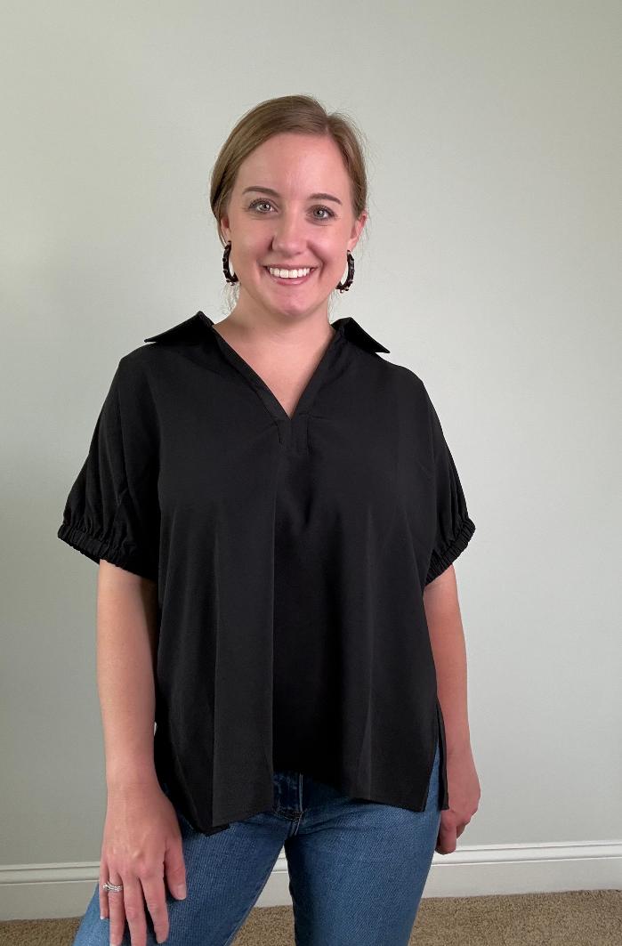 Black Solid Short Sleeve V-neck Collar Side Slit Hem Top