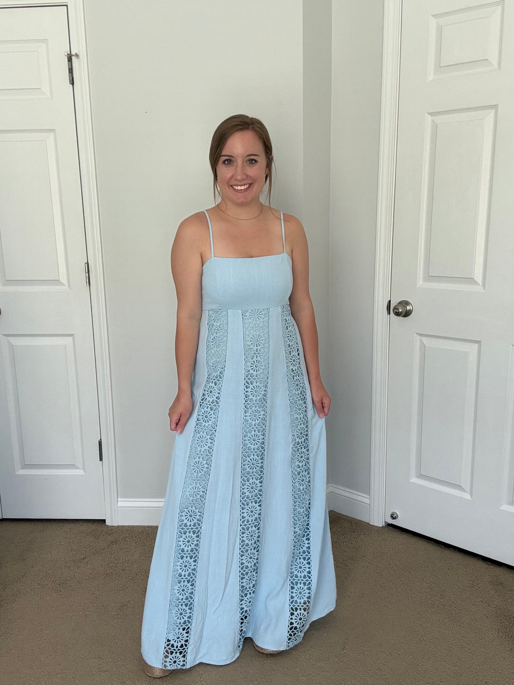 Blue Woven Lace Trim Maxi Dress