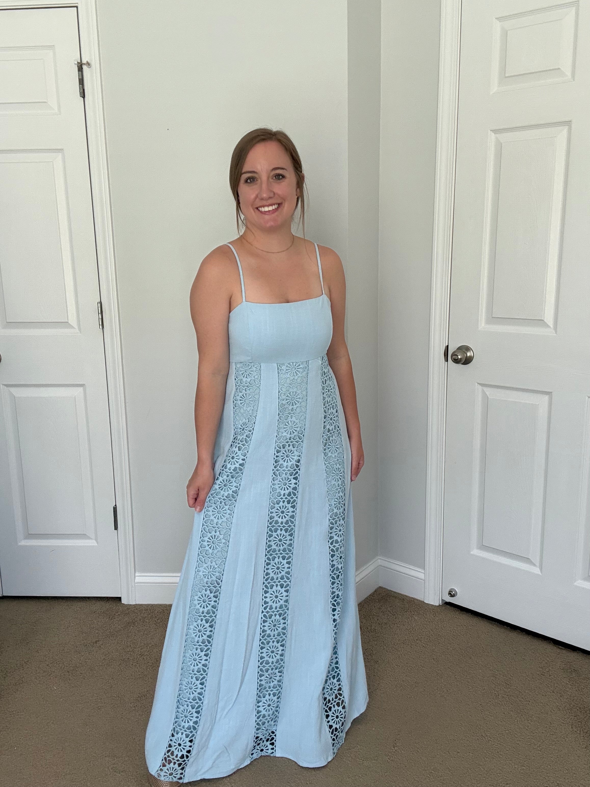 Blue Woven Lace Trim Maxi Dress