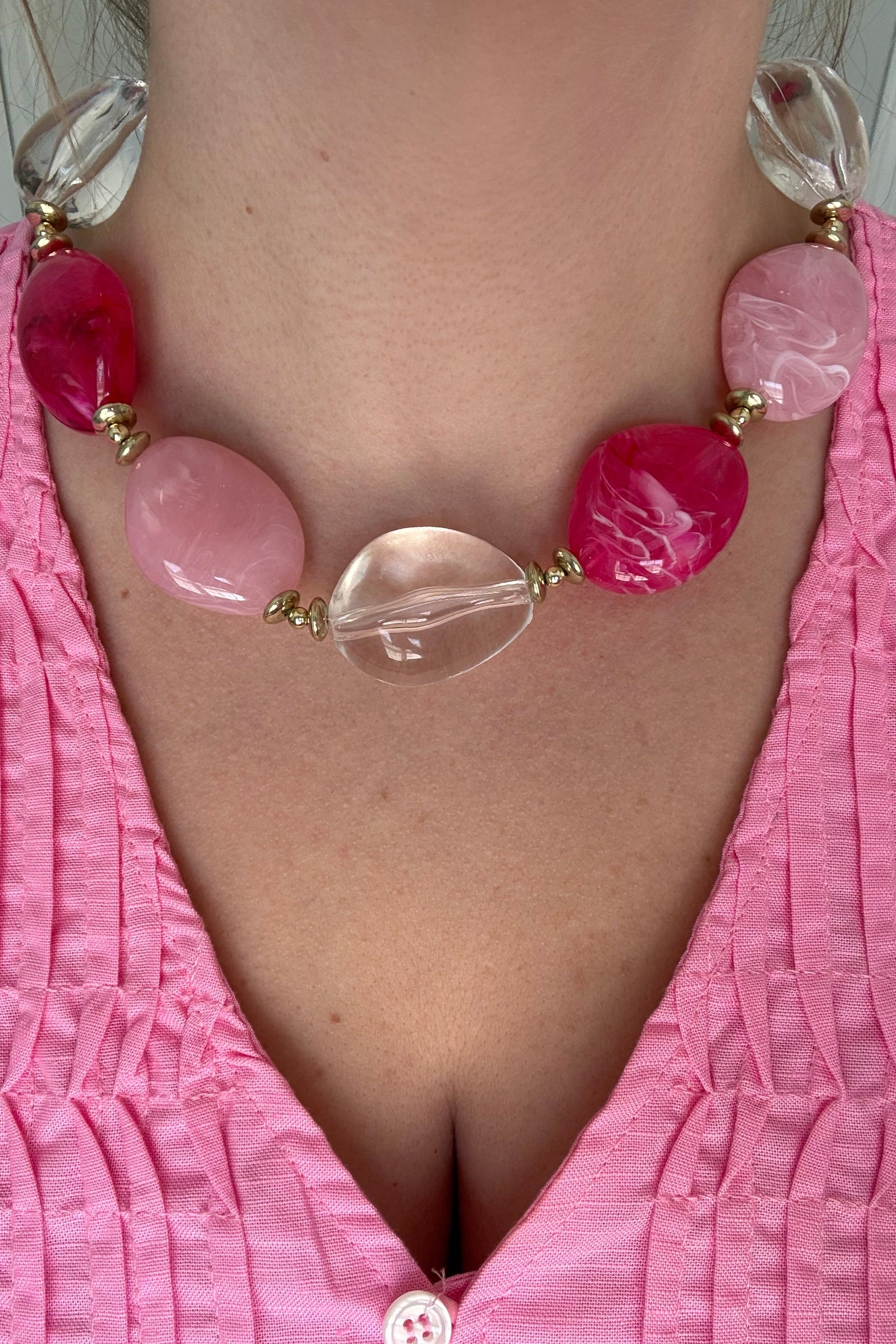 Pink and Clear Beaded Necklace