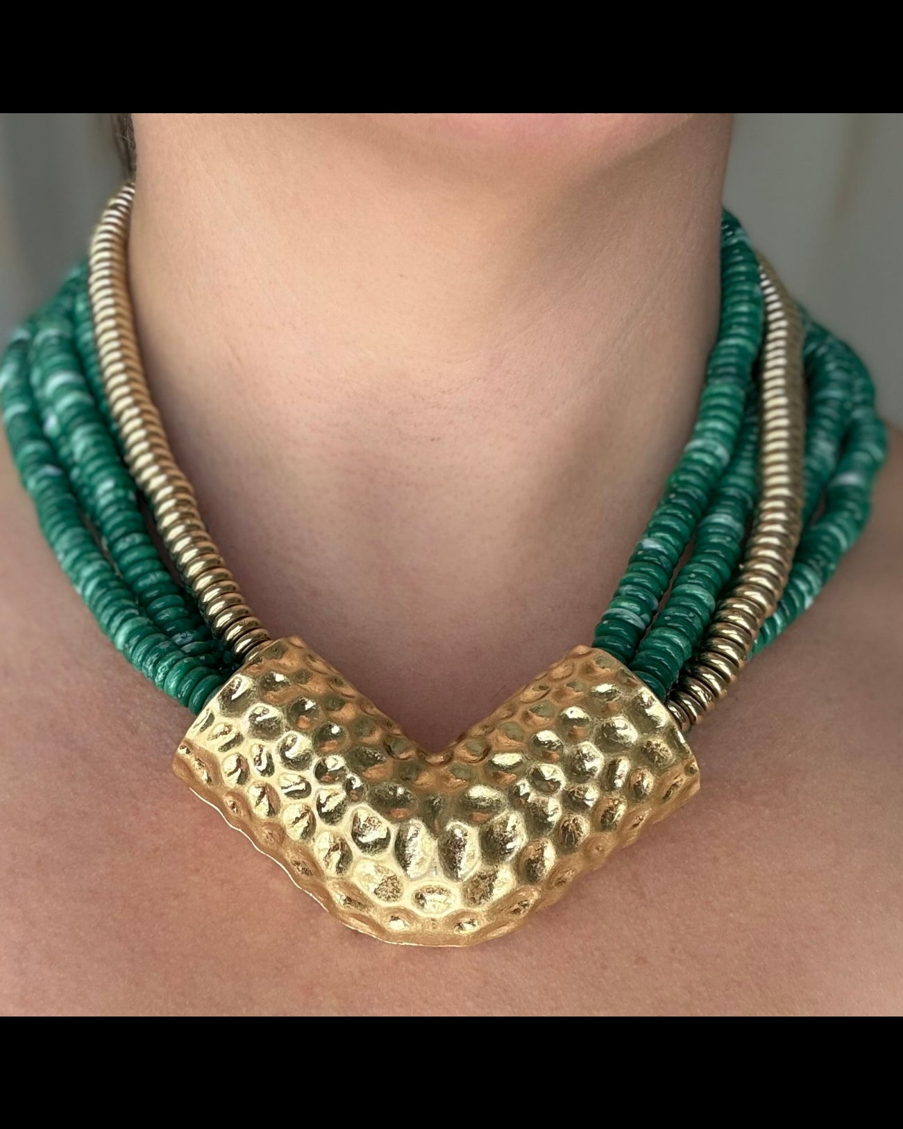 Green Beaded Necklace with Gold Pendant