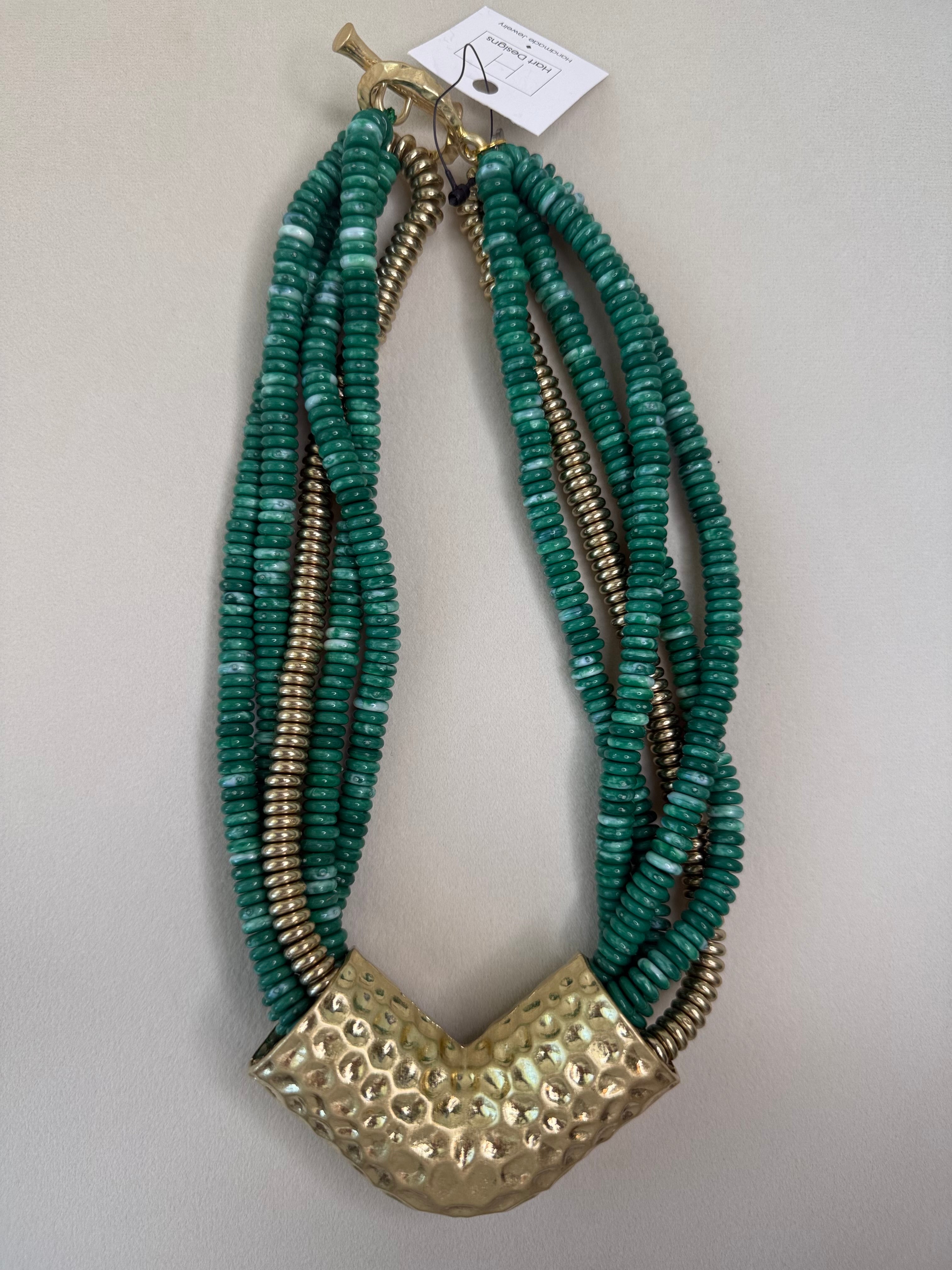Green Beaded Necklace with Gold Pendant