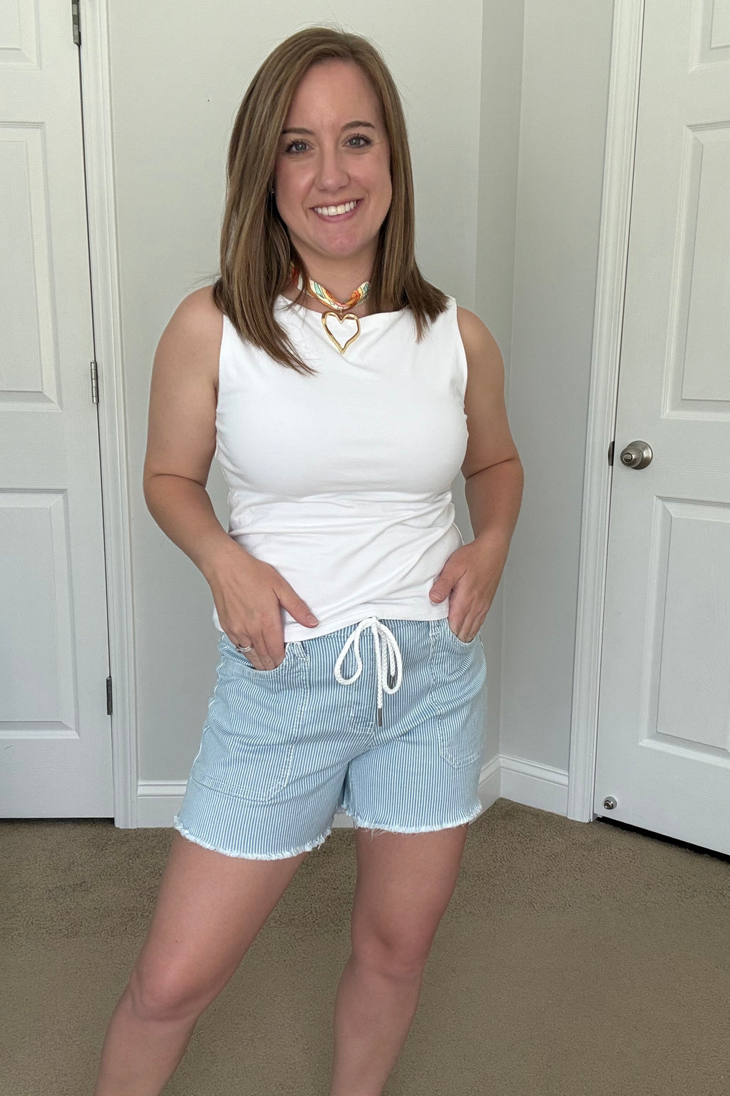 High Rise Elastic Waistband w/ Drawstring Striped Shorts