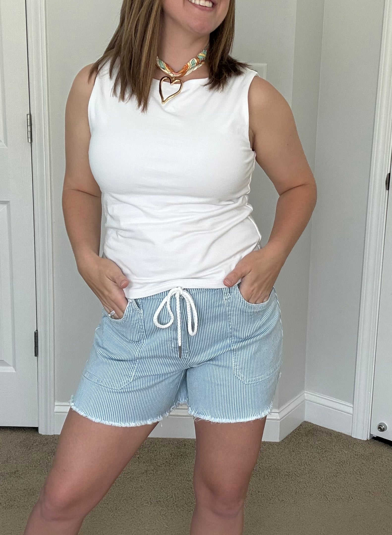 High Rise Elastic Waistband w/ Drawstring Striped Shorts