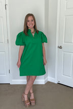 Green V-neck Bubble Sleeve Mini Dress