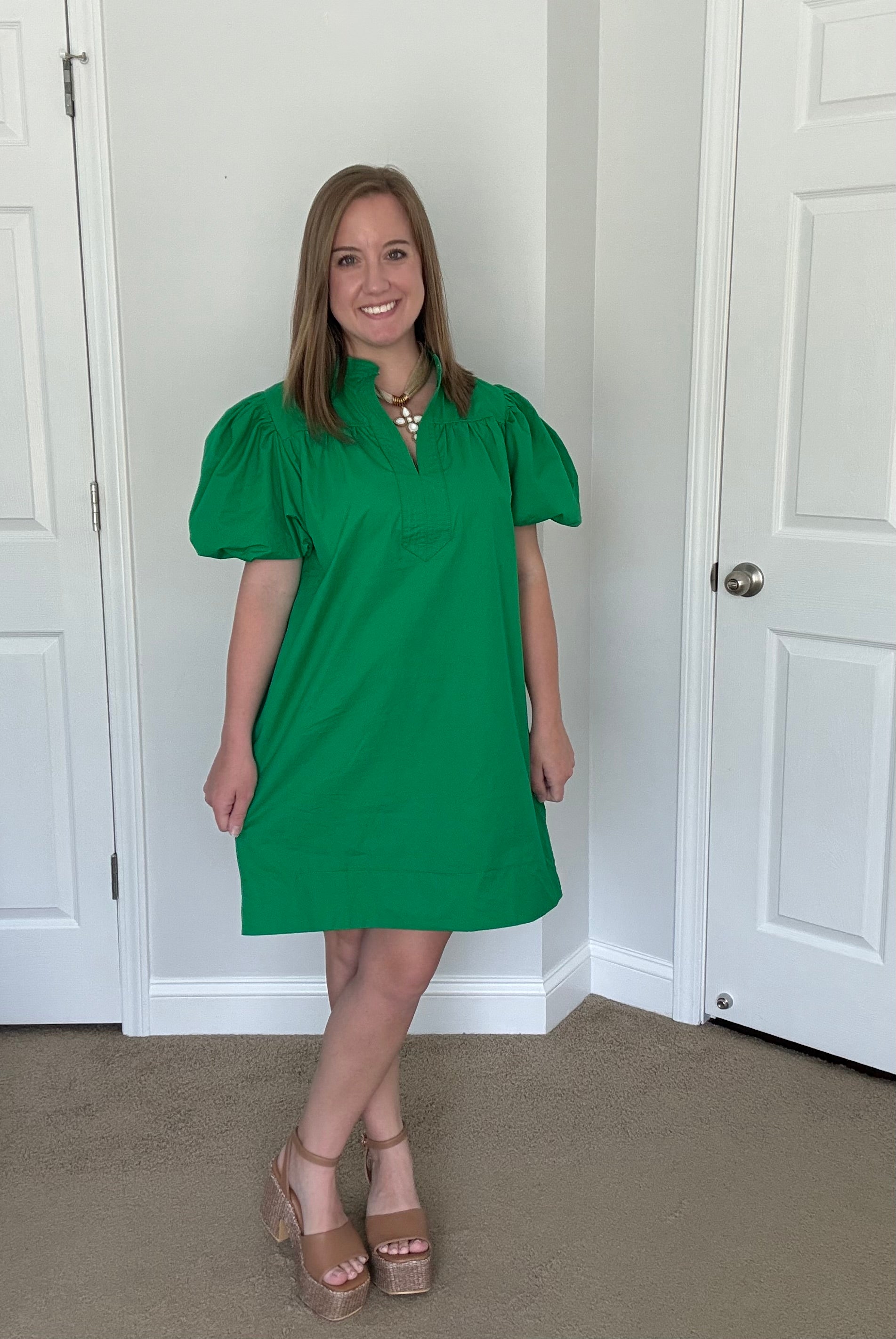 Green V-neck Bubble Sleeve Mini Dress
