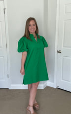 Green V-neck Bubble Sleeve Mini Dress