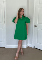 Green V-neck Bubble Sleeve Mini Dress