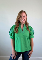 Green Short Puff Sleeves Notched V-Neck Top