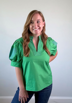 Green Short Puff Sleeves Notched V-Neck Top