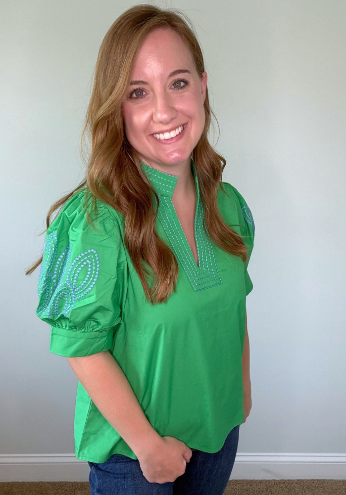 Green Short Puff Sleeves Notched V-Neck Top